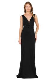 Long Sleeveless V-Neck Dress with Beaded Bands by Poly USA 8222-Long Formal Dresses-ABC Fashion