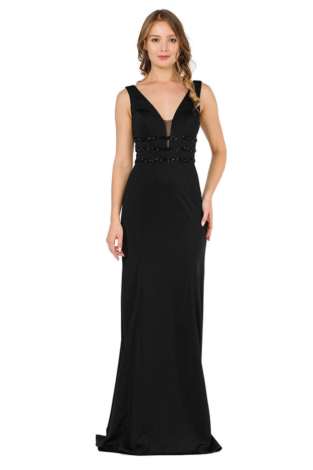 Long Sleeveless V-Neck Dress with Beaded Bands by Poly USA 8222-Long Formal Dresses-ABC Fashion