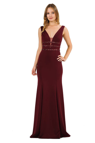 Long Sleeveless V-Neck Dress with Beaded Bands by Poly USA 8222-Long Formal Dresses-ABC Fashion