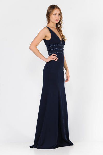 Long Sleeveless V-Neck Dress with Beaded Bands by Poly USA 8222-Long Formal Dresses-ABC Fashion