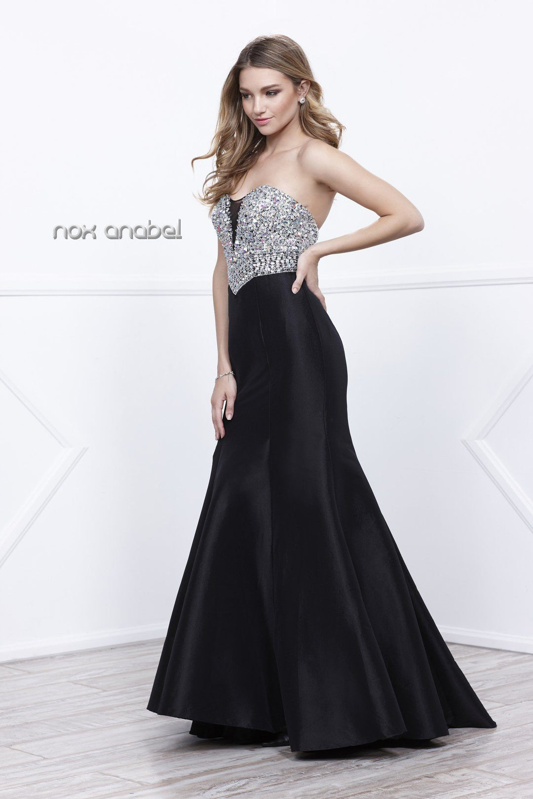 Long Strapless Beaded Mermaid Dress by Nox Anabel 8243-Long Formal Dresses-ABC Fashion