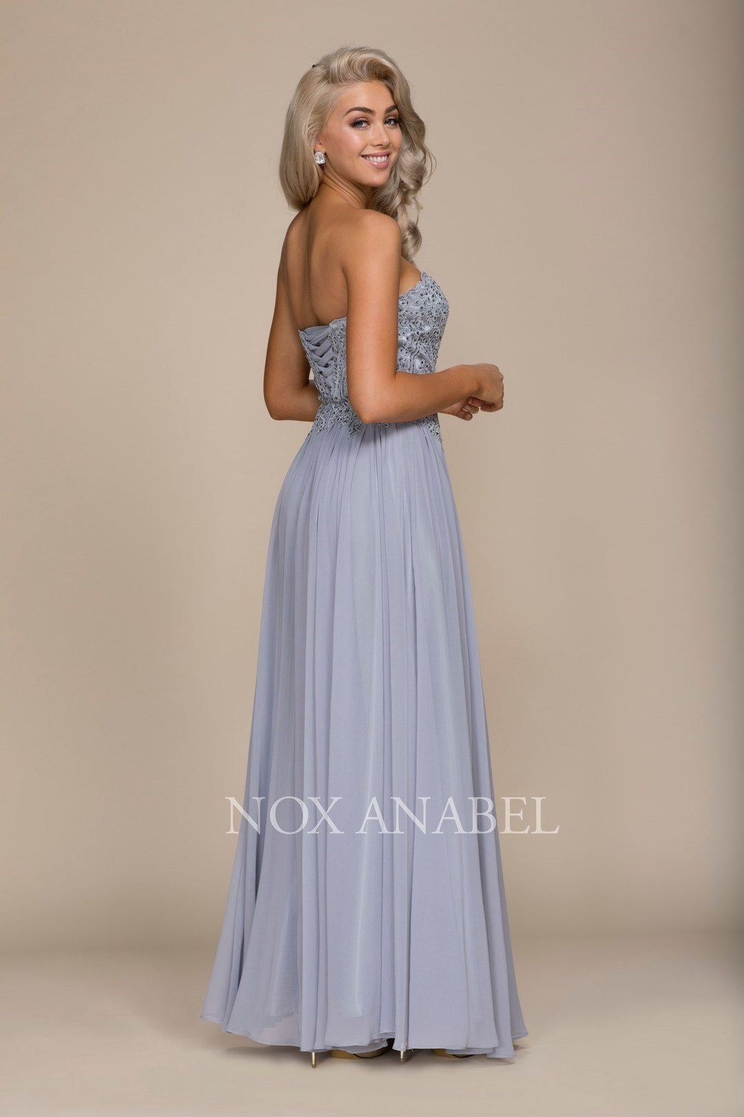 Long Strapless Dress with Corset Back by Nox Anabel B045