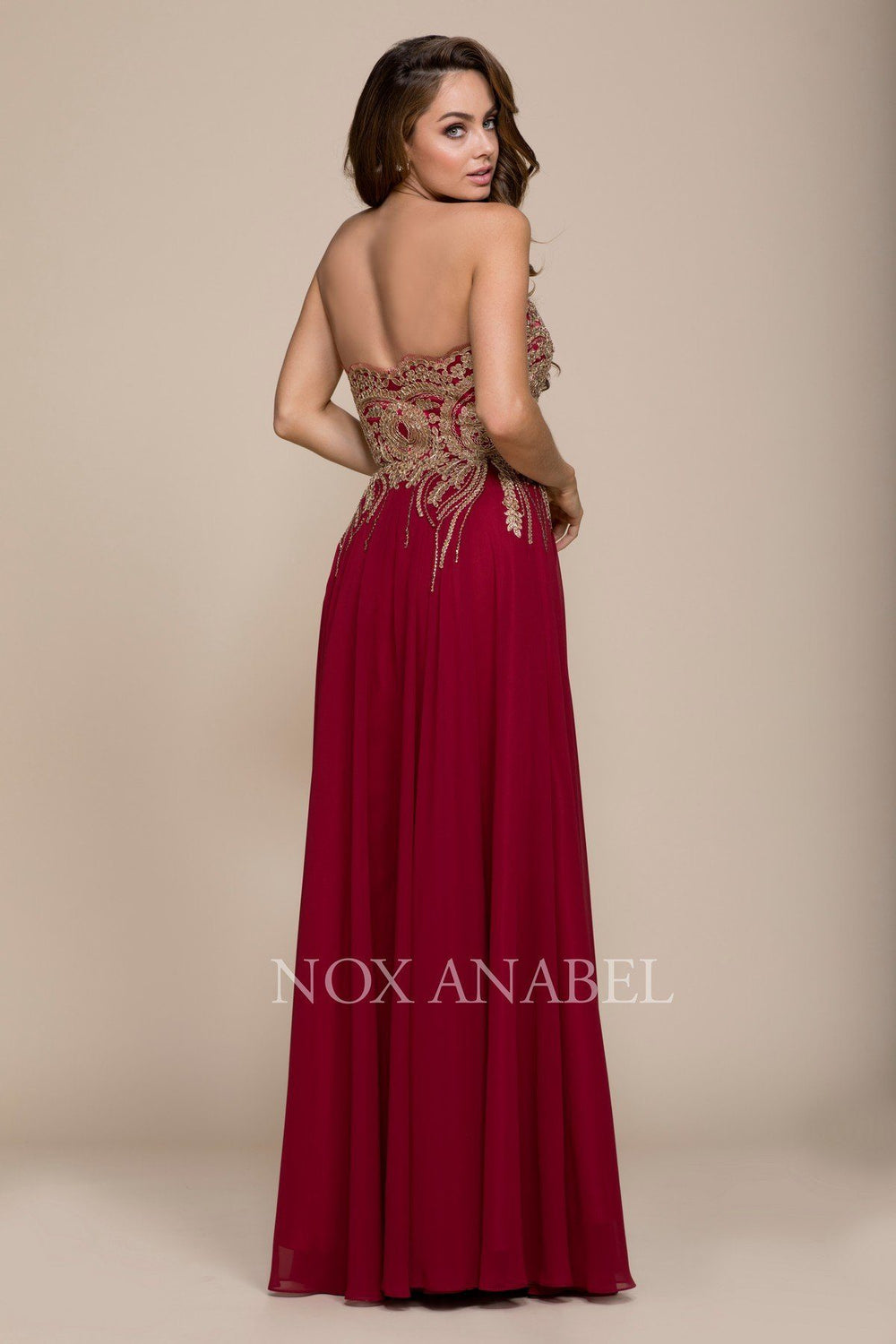 Long Strapless Dress with Gold Lace Applique by Nox Anabel 8291-Long Formal Dresses-ABC Fashion