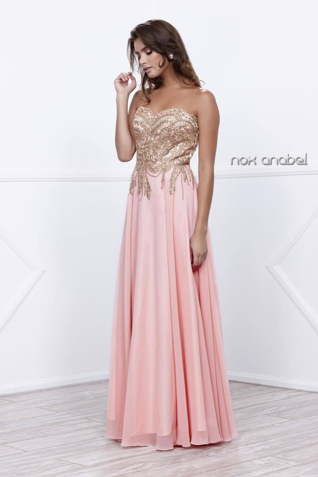 Long Strapless Dress with Gold Lace Applique by Nox Anabel 8291-Long Formal Dresses-ABC Fashion