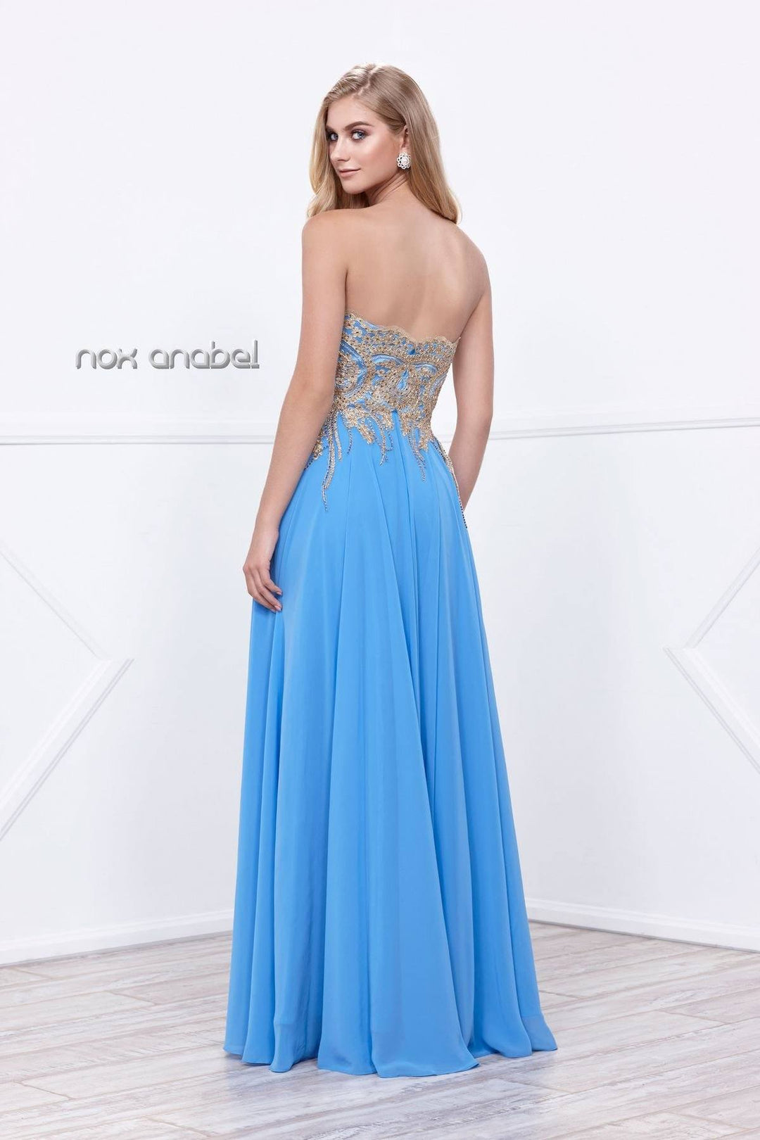 Long Strapless Dress with Gold Lace Applique by Nox Anabel 8291-Long Formal Dresses-ABC Fashion