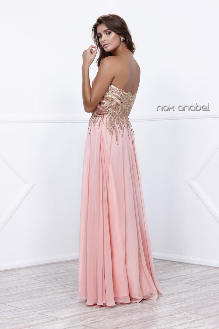 Long Strapless Dress with Gold Lace Applique by Nox Anabel 8291-Long Formal Dresses-ABC Fashion