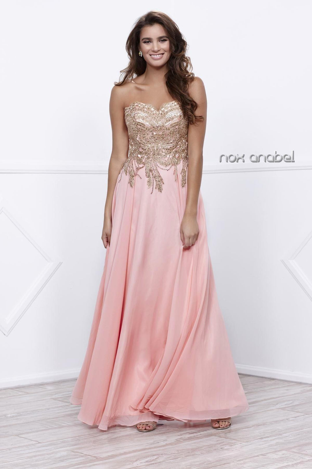 Long Strapless Dress with Gold Lace Applique by Nox Anabel 8291-Long Formal Dresses-ABC Fashion