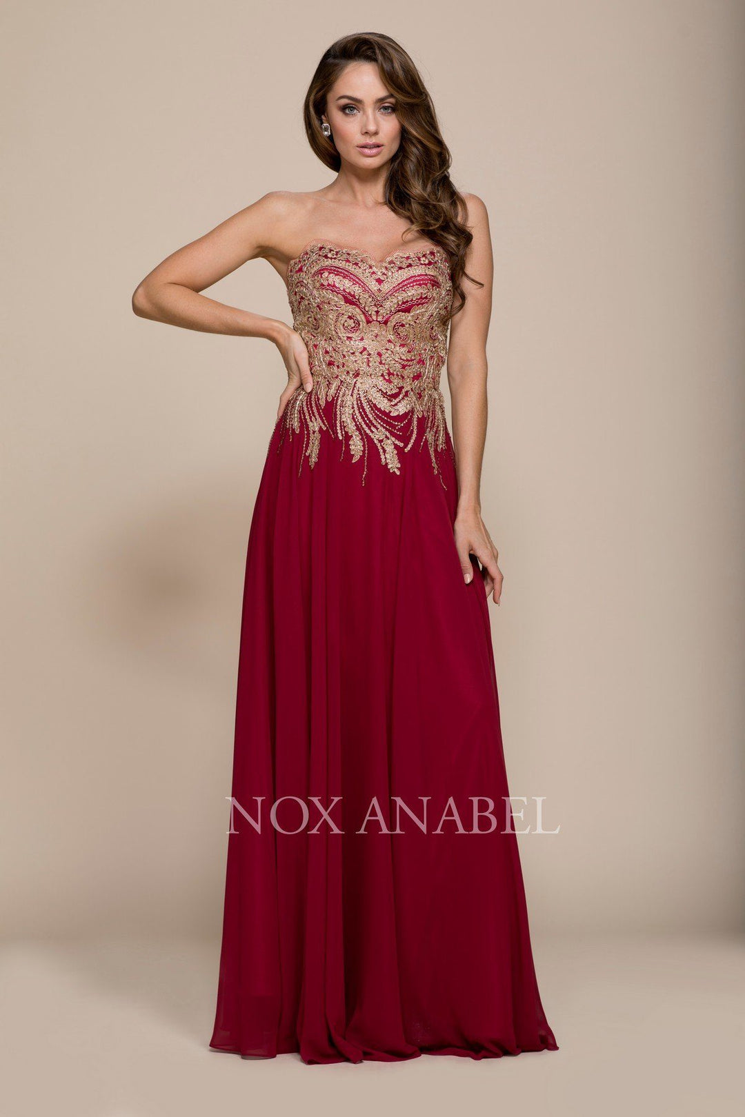 Long Strapless Dress with Gold Lace Applique by Nox Anabel 8291-Long Formal Dresses-ABC Fashion