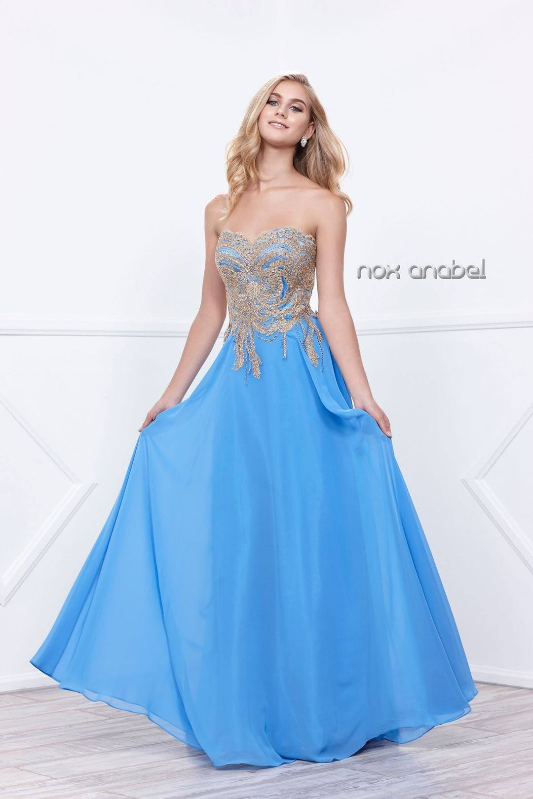 Long Strapless Dress with Gold Lace Applique by Nox Anabel 8291-Long Formal Dresses-ABC Fashion