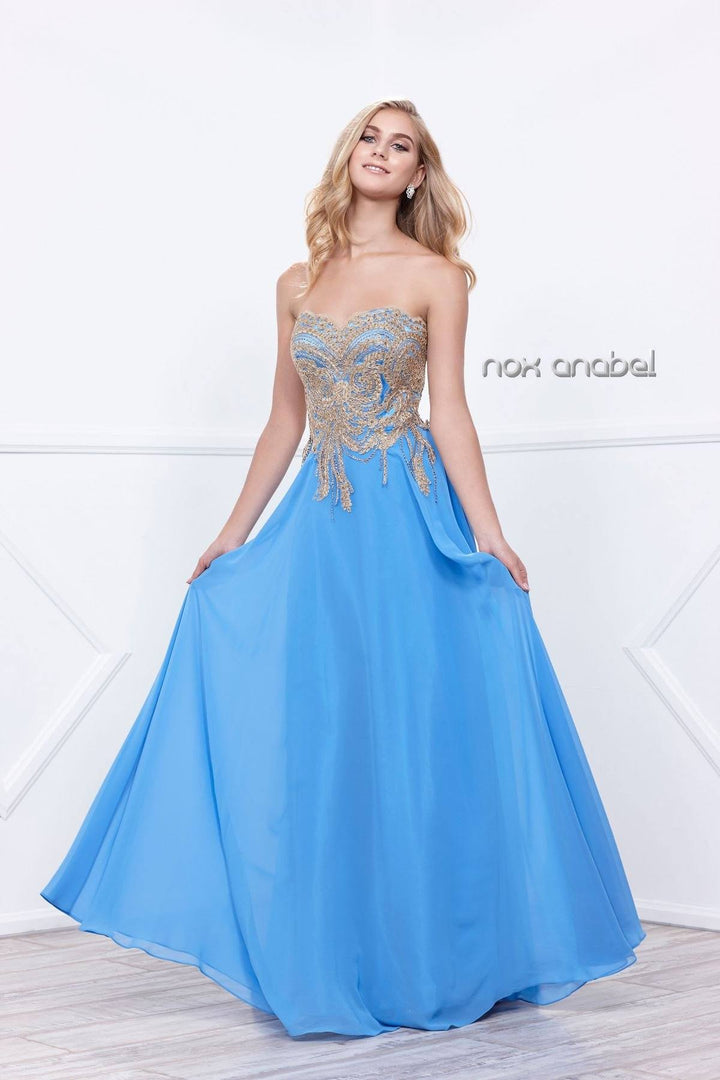 Long Strapless Dress with Gold Lace Applique by Nox Anabel 8291-Long Formal Dresses-ABC Fashion