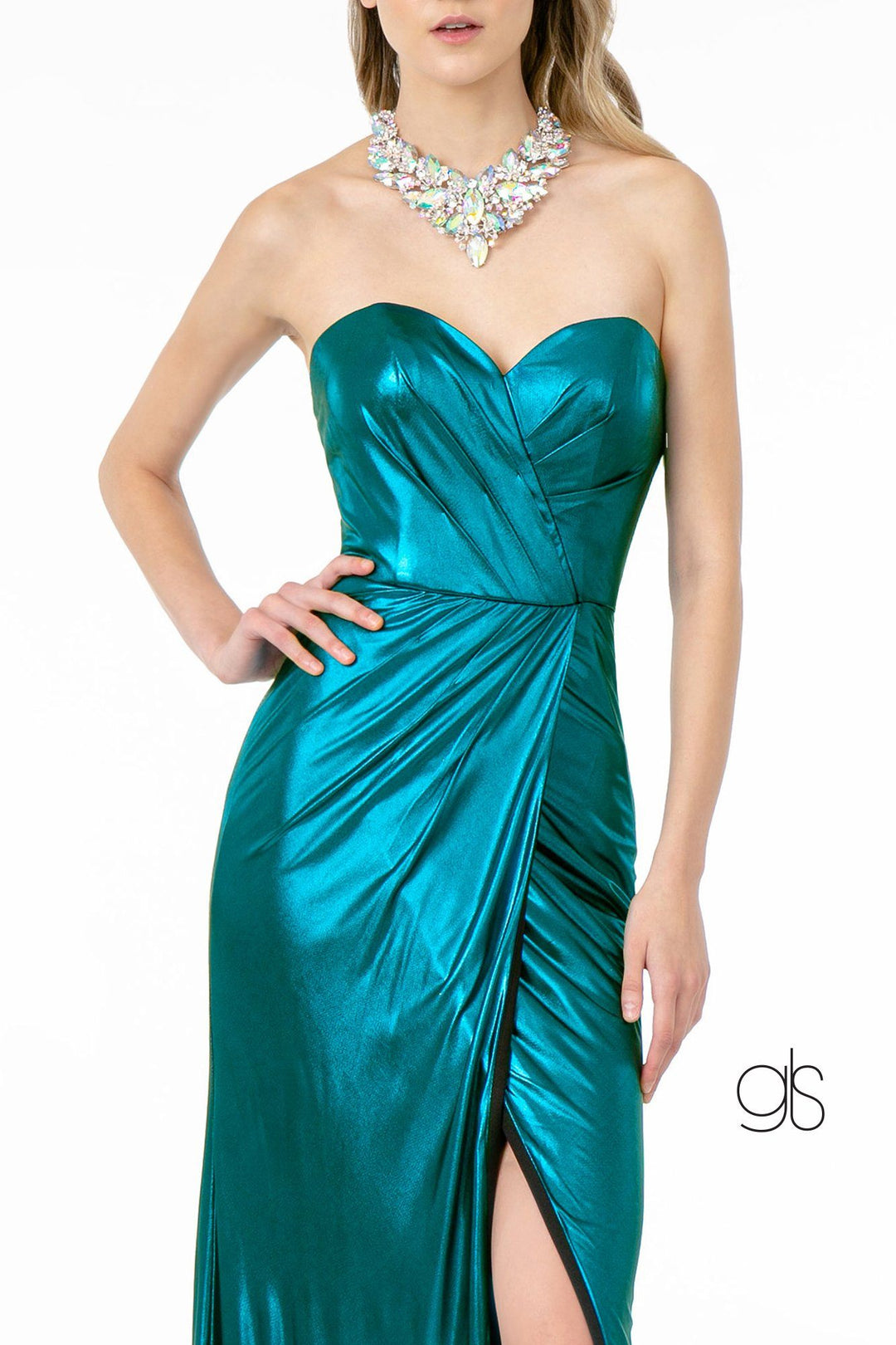 Long Strapless Faux Wrap Metallic Dress by Elizabeth K GL2894