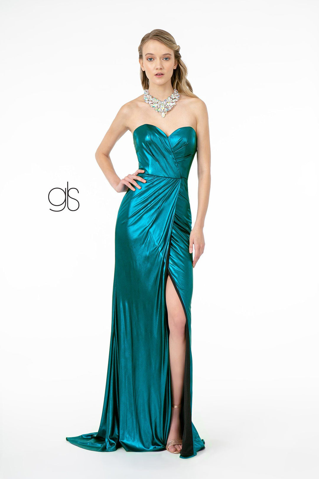 Long Strapless Faux Wrap Metallic Dress by Elizabeth K GL2894