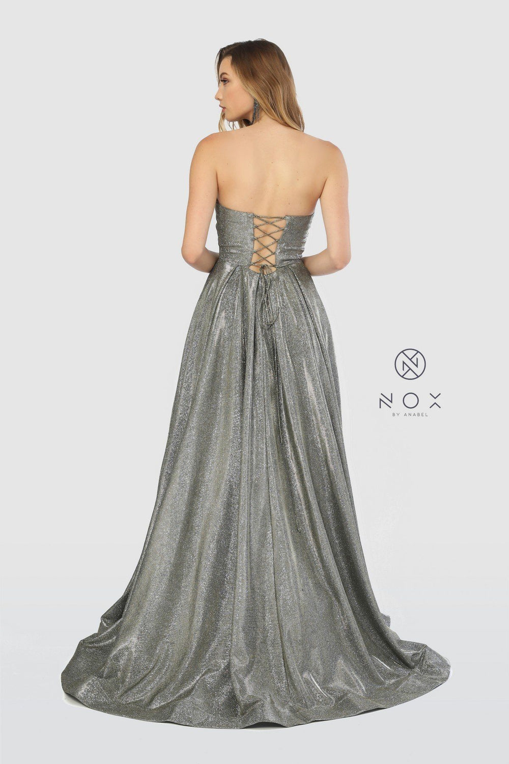 Long Strapless Glitter Dress with Corset Back by Nox Anabel T258-Long Formal Dresses-ABC Fashion