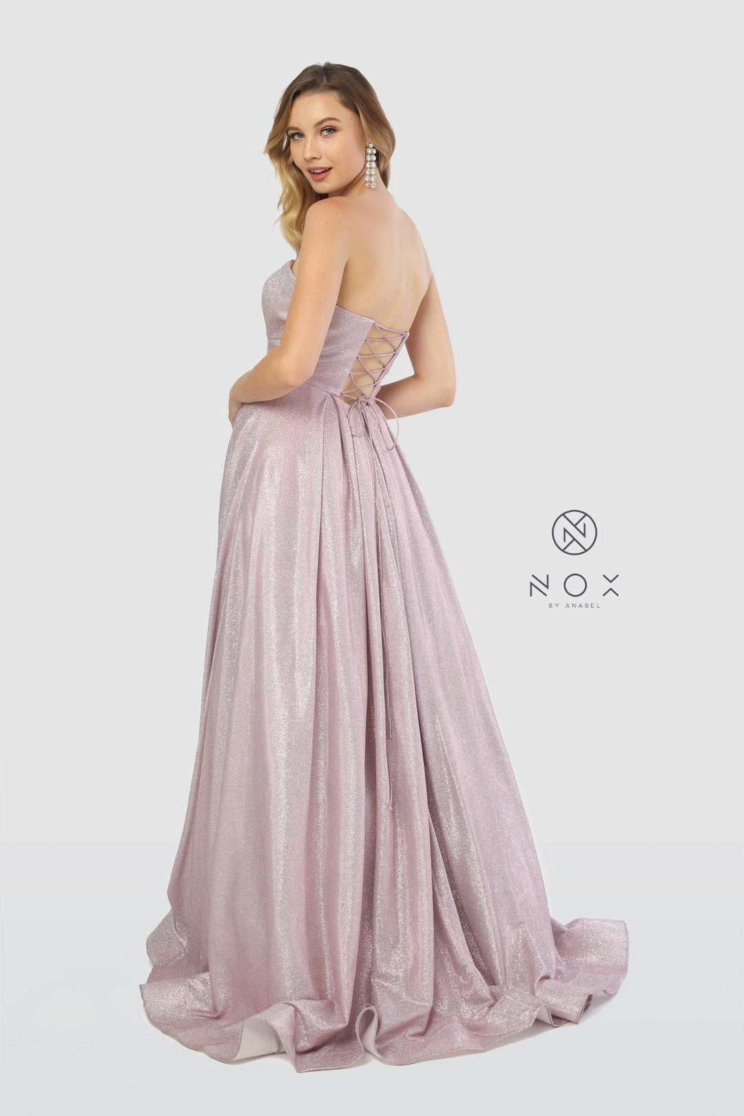 Long Strapless Glitter Dress with Corset Back by Nox Anabel T258-Long Formal Dresses-ABC Fashion