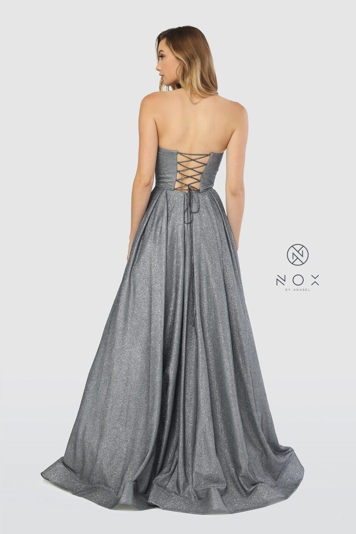 Long Strapless Glitter Dress with Corset Back by Nox Anabel T258-Long Formal Dresses-ABC Fashion