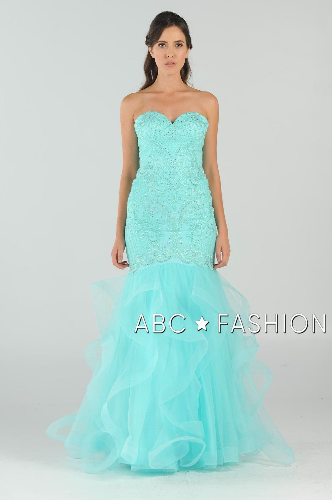 Long Strapless Mermaid Dress with Ruffled Skirt by Poly USA 8198-Long Formal Dresses-ABC Fashion