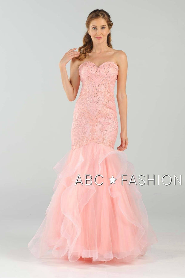 Long Strapless Mermaid Dress with Ruffled Skirt by Poly USA 8198-Long Formal Dresses-ABC Fashion