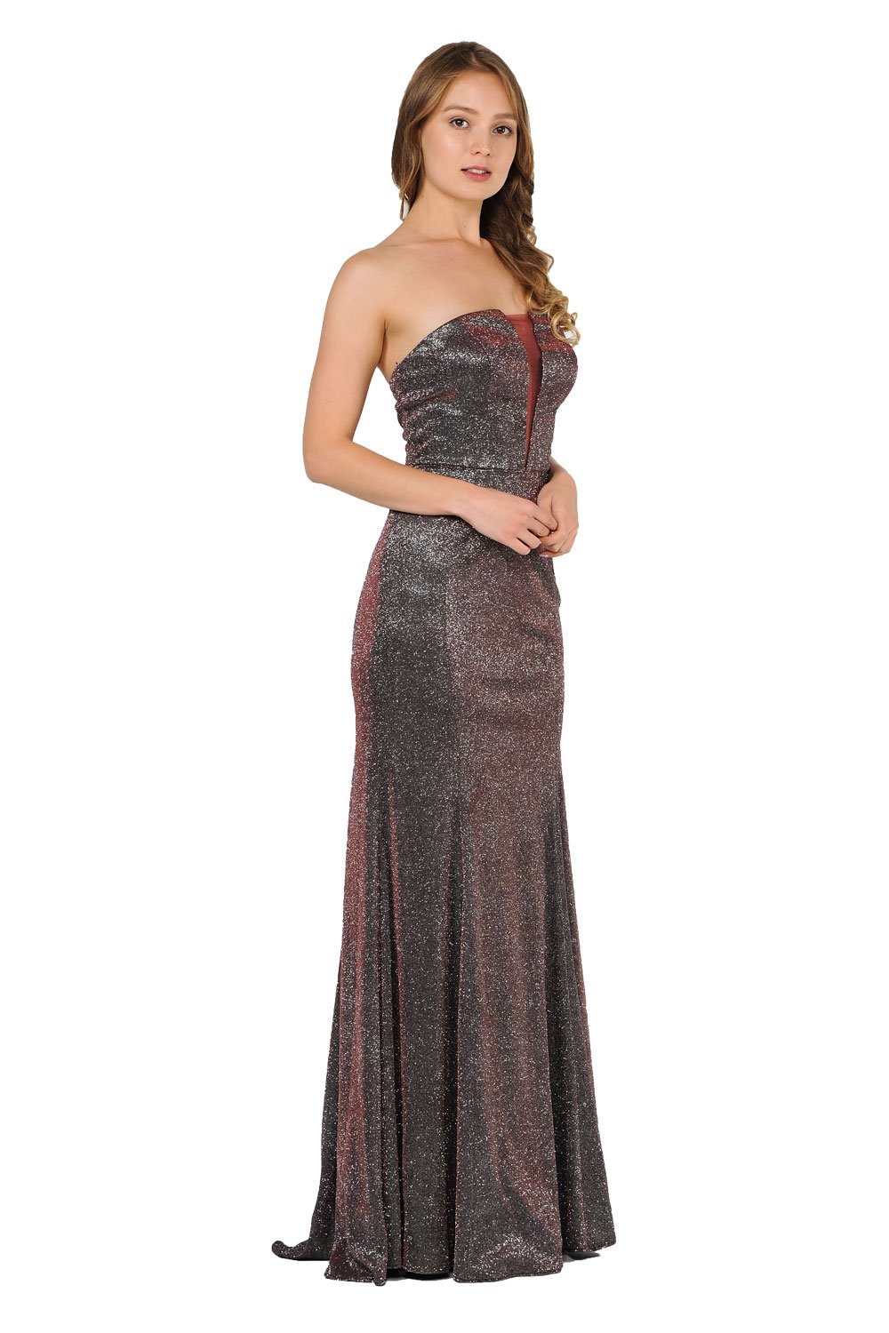 Long Strapless Metallic Glitter Dress by Poly USA 8490-Long Formal Dresses-ABC Fashion