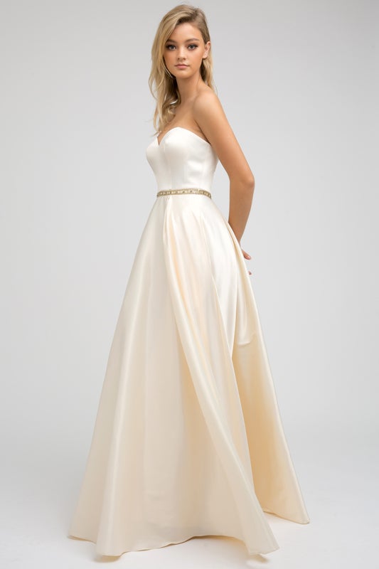 Long Strapless Satin Dress by Juliet 688