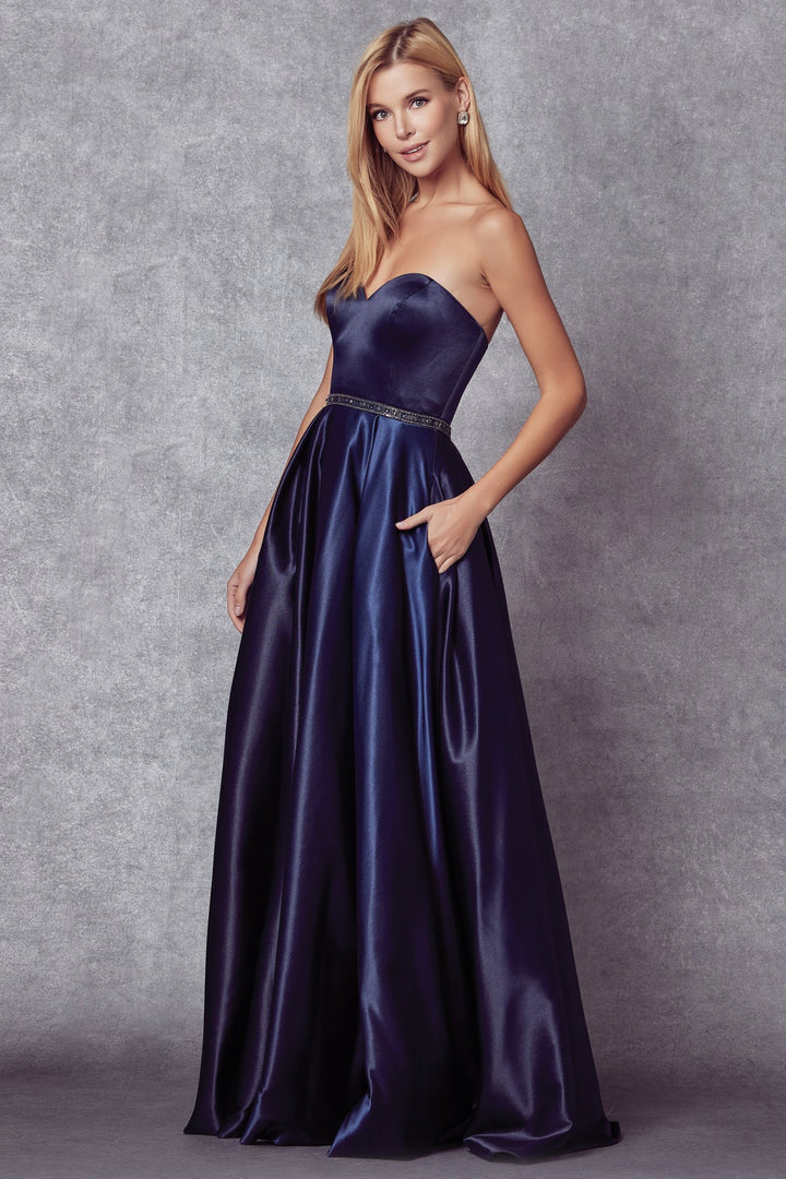 Long Strapless Satin Dress by Juliet 688