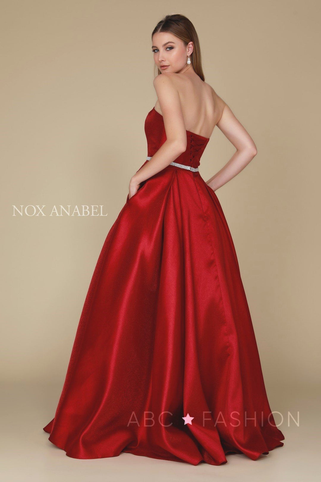 Long Strapless Satin Dress with Corset Back by Nox Anabel Y154-Long Formal Dresses-ABC Fashion