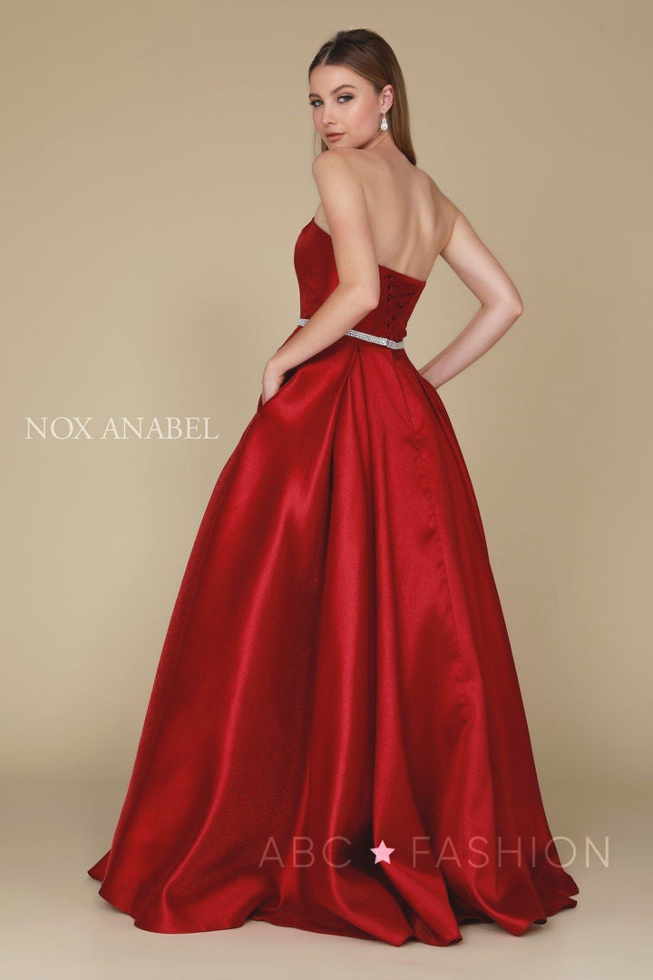 Long Strapless Satin Dress with Corset Back by Nox Anabel Y154-Long Formal Dresses-ABC Fashion