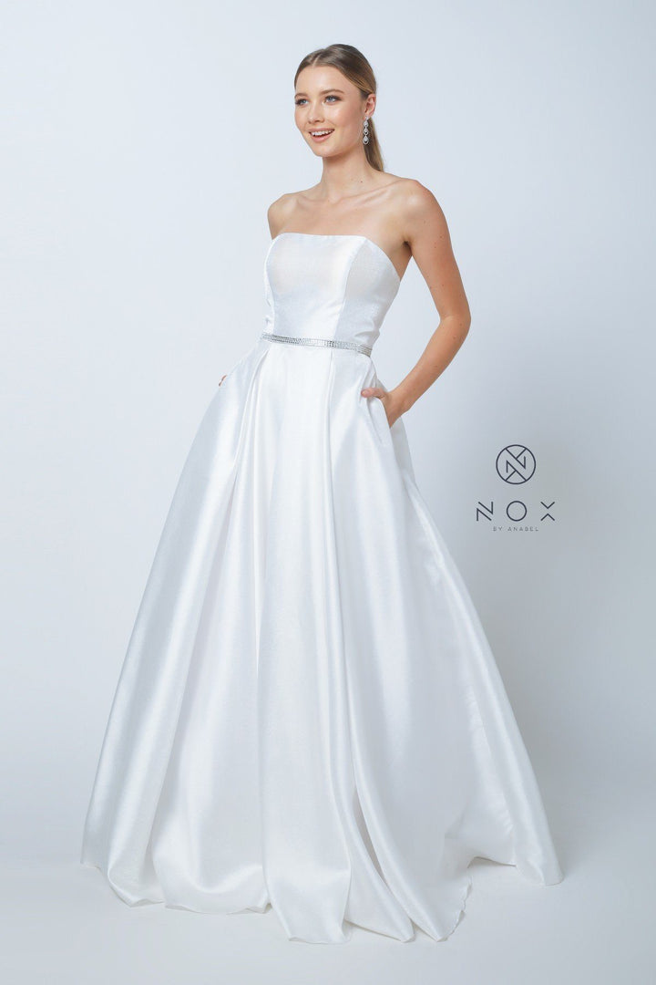 Long Strapless Satin Dress with Corset Back by Nox Anabel Y154-Long Formal Dresses-ABC Fashion