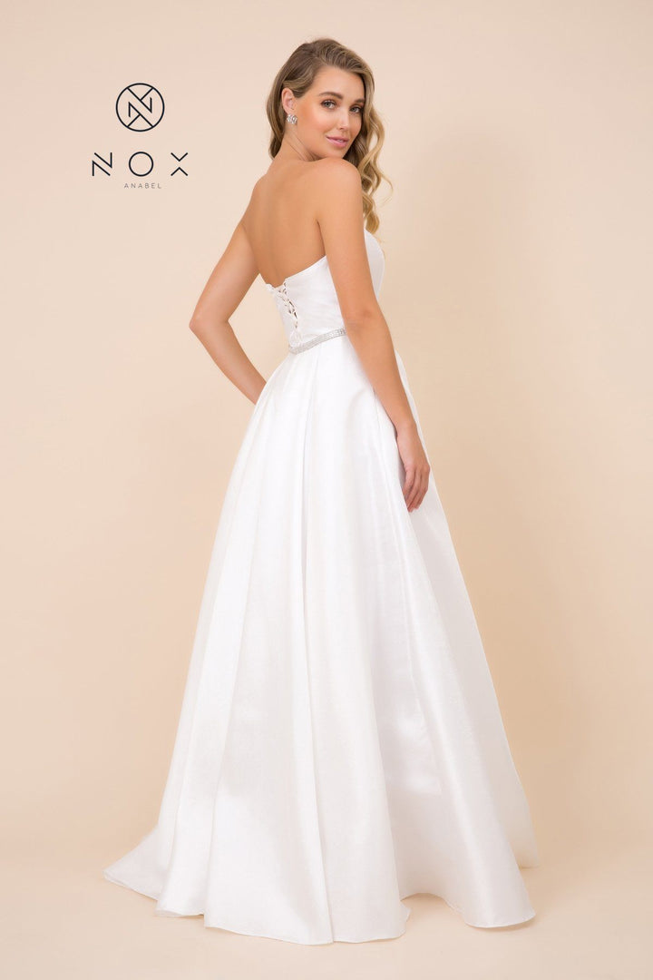 Long Strapless Satin Dress with Corset Back by Nox Anabel Y154