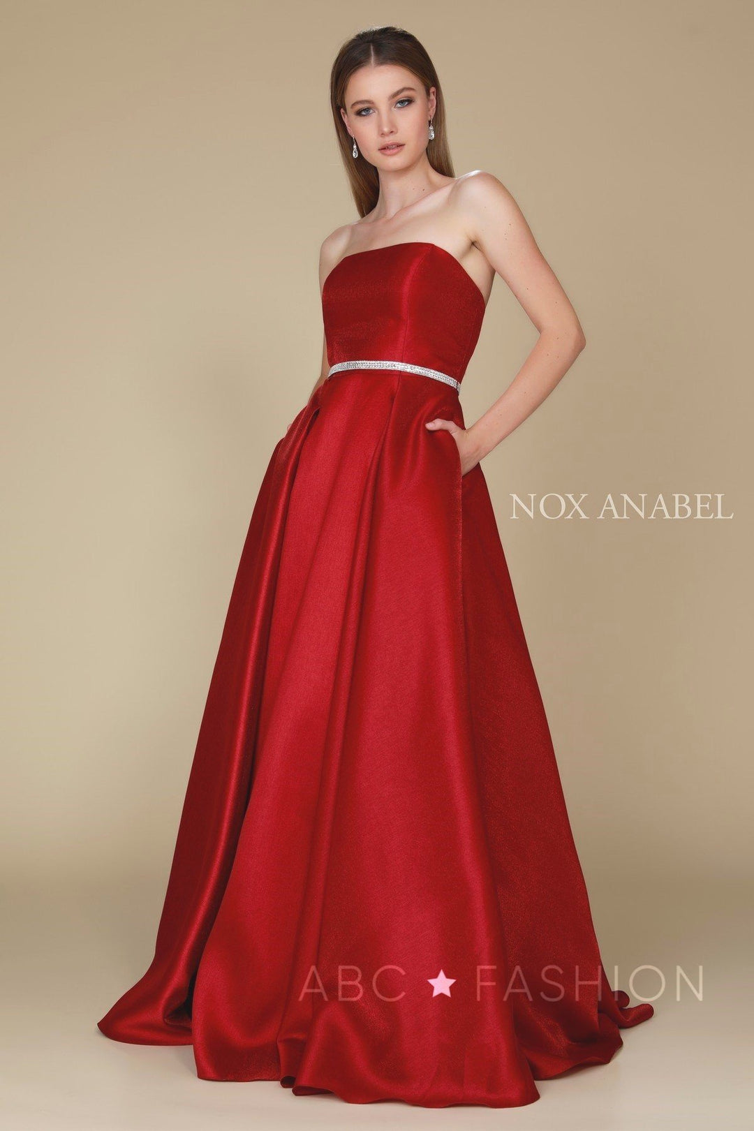 Long Strapless Satin Dress with Corset Back by Nox Anabel Y154-Long Formal Dresses-ABC Fashion