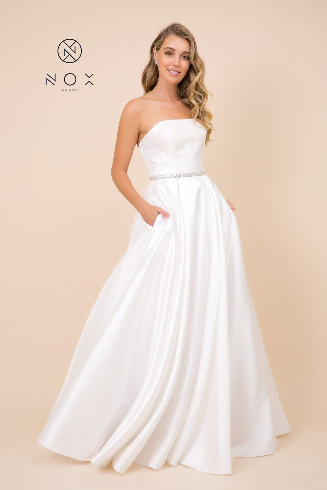 Long Strapless Satin Dress with Corset Back by Nox Anabel Y154