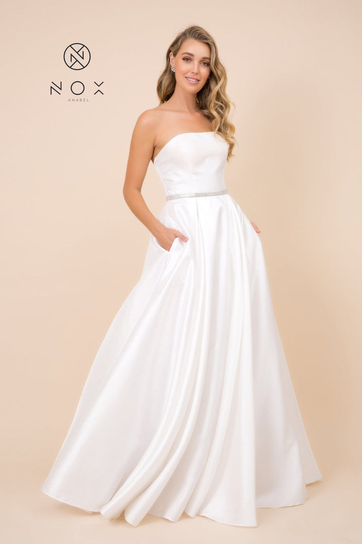 Long Strapless Satin Dress with Corset Back by Nox Anabel Y154