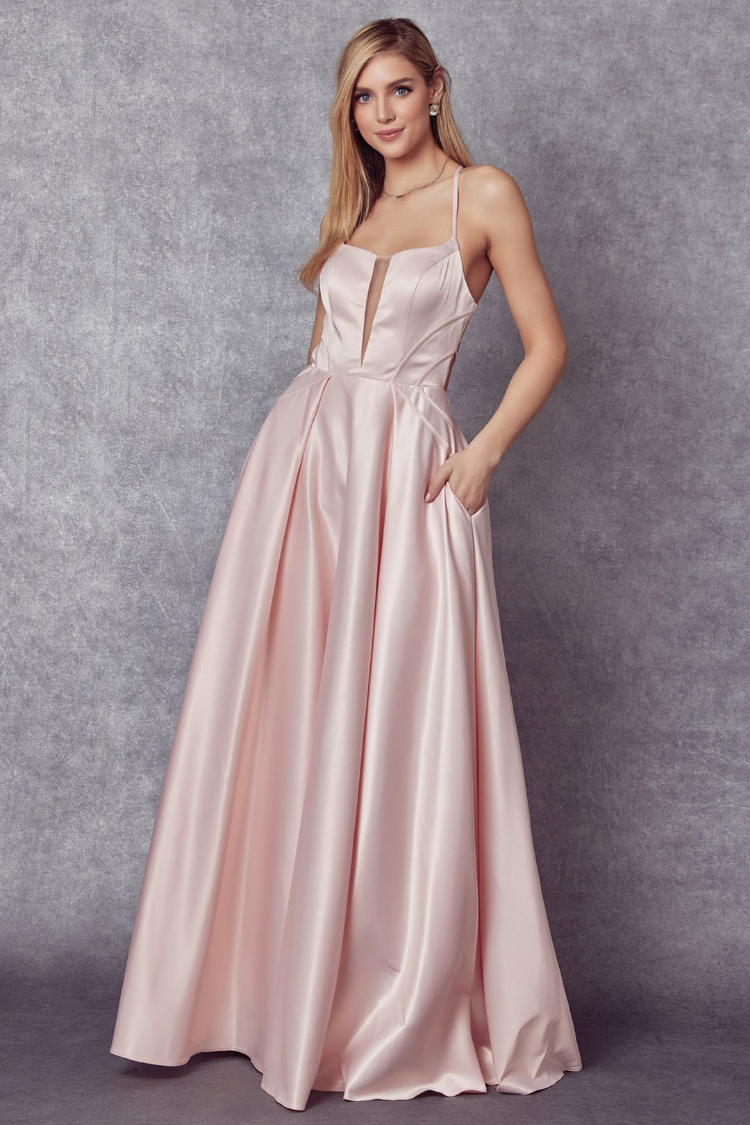 Long Strappy Back Satin Dress by Juliet 687