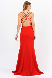 Long Strappy Open Back Dress with Illusion Panel by Poly USA 8468-Long Formal Dresses-ABC Fashion