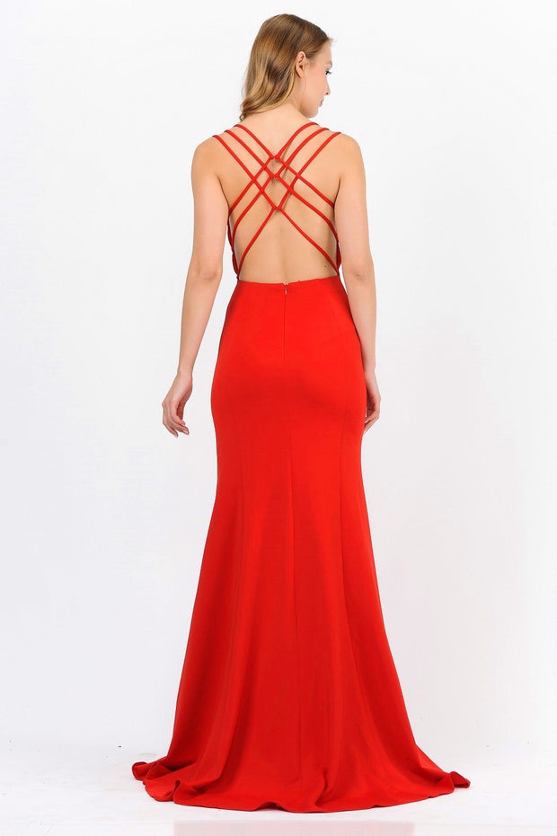 Long Strappy Open Back Dress with Illusion Panel by Poly USA 8468-Long Formal Dresses-ABC Fashion