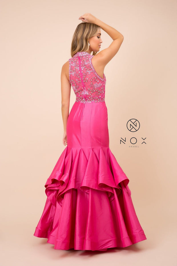 Long Tiered Mermaid Dress with Jeweled Bodice by Nox Anabel 8330