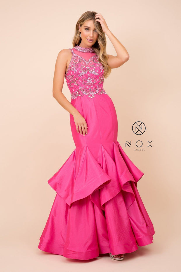Long Tiered Mermaid Dress with Jeweled Bodice by Nox Anabel 8330