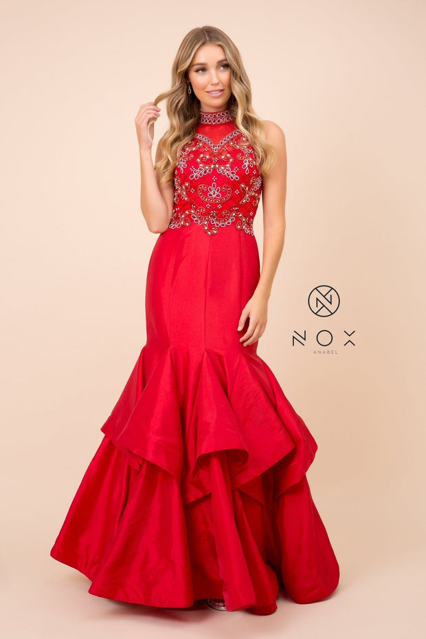 Long Tiered Mermaid Dress with Jeweled Bodice by Nox Anabel 8330