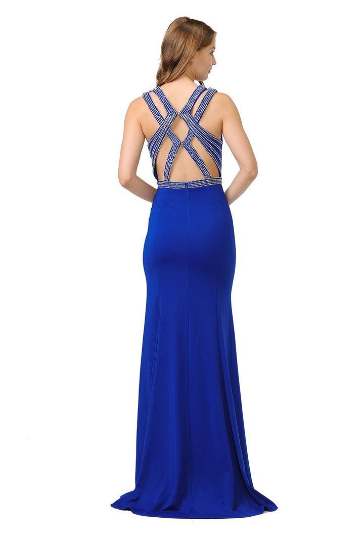 Long Trumpet Dress with Beaded Strappy Back by Poly USA 8230-Long Formal Dresses-ABC Fashion