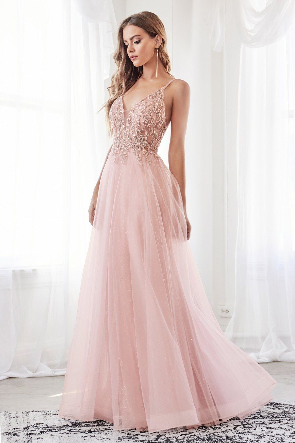 Beaded Long Sleeveless Tulle Dress by Ladivine CD0154