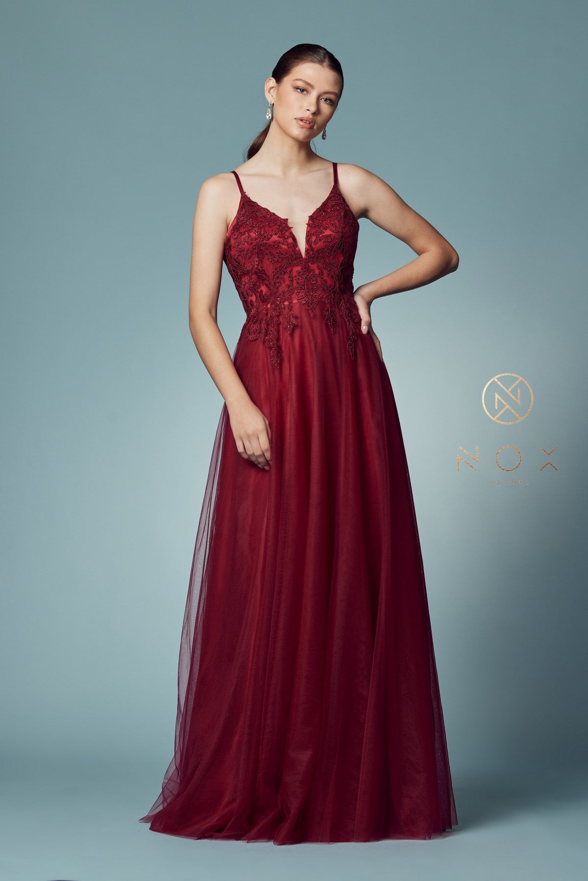 Long burgundy red prom dress with embroidered bodice outlet