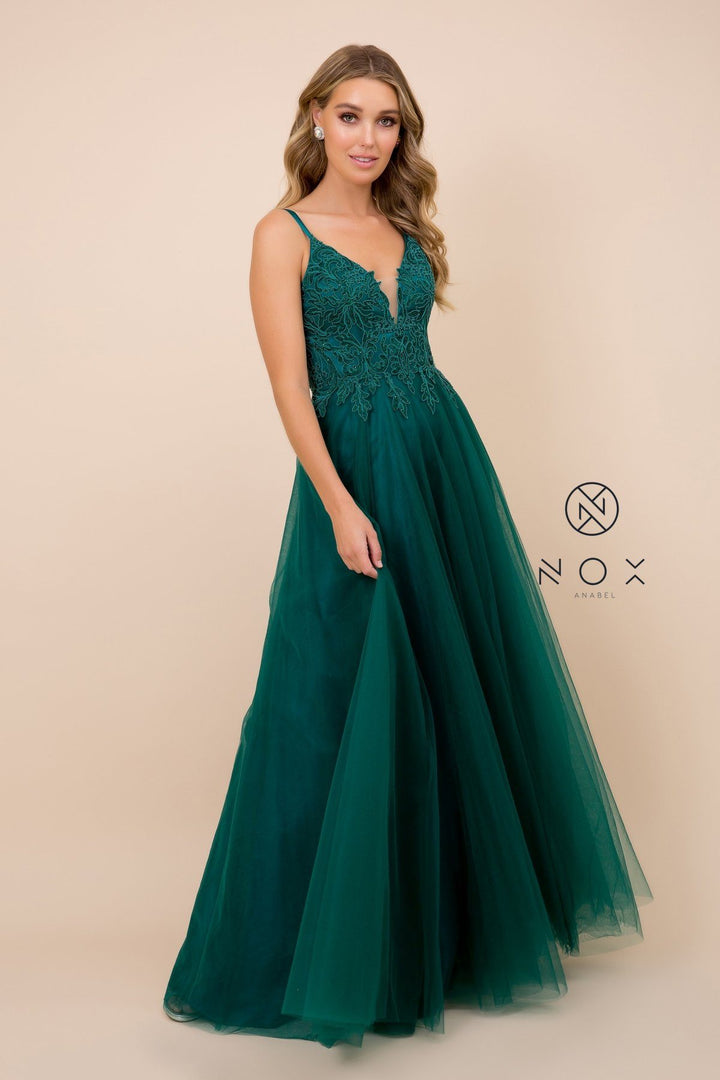 Long Tulle Embroidered Bodice Dress by Nox Anabel R357