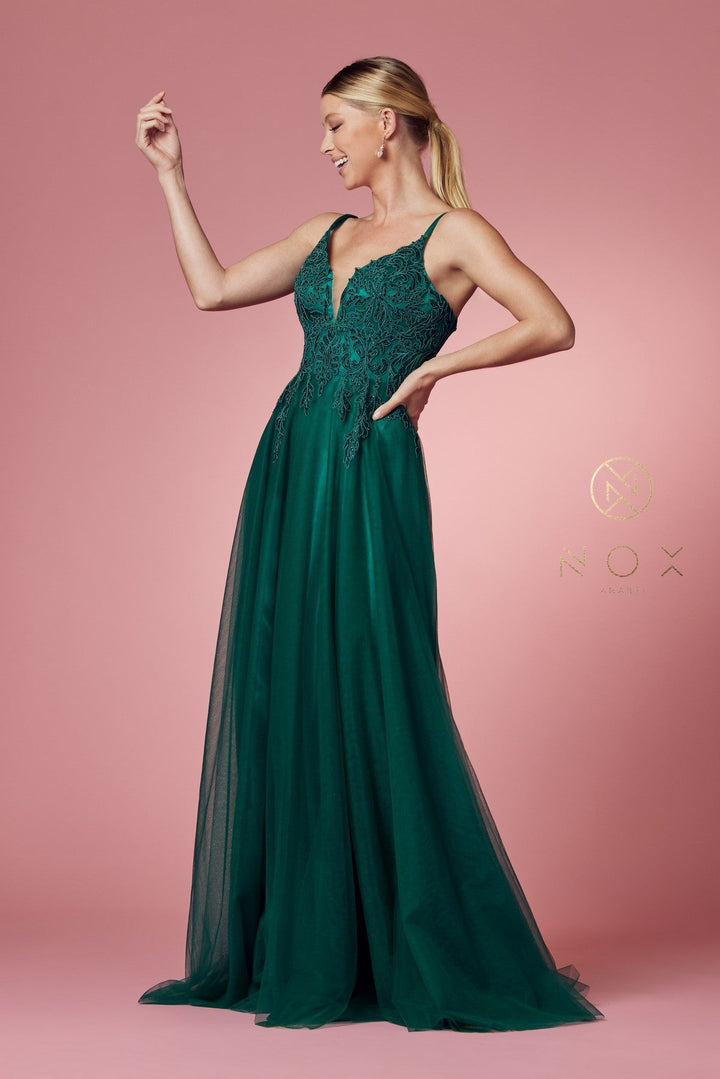 Long Tulle Embroidered Bodice Dress by Nox Anabel R357