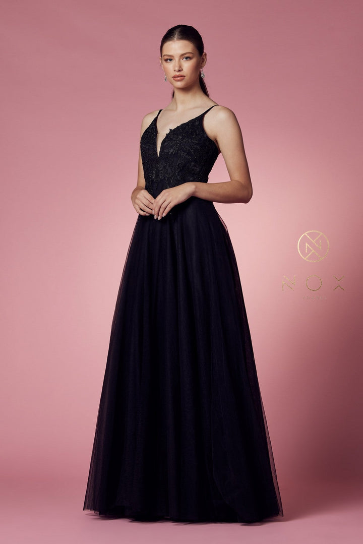 Long Tulle Embroidered Bodice Dress by Nox Anabel R357