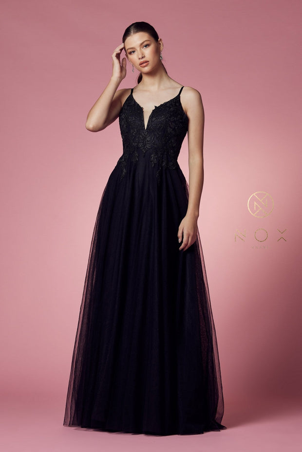 Long Tulle Embroidered Bodice Dress by Nox Anabel R357