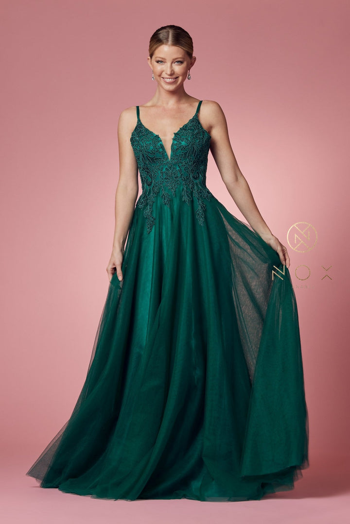 Long Tulle Embroidered Bodice Dress by Nox Anabel R357