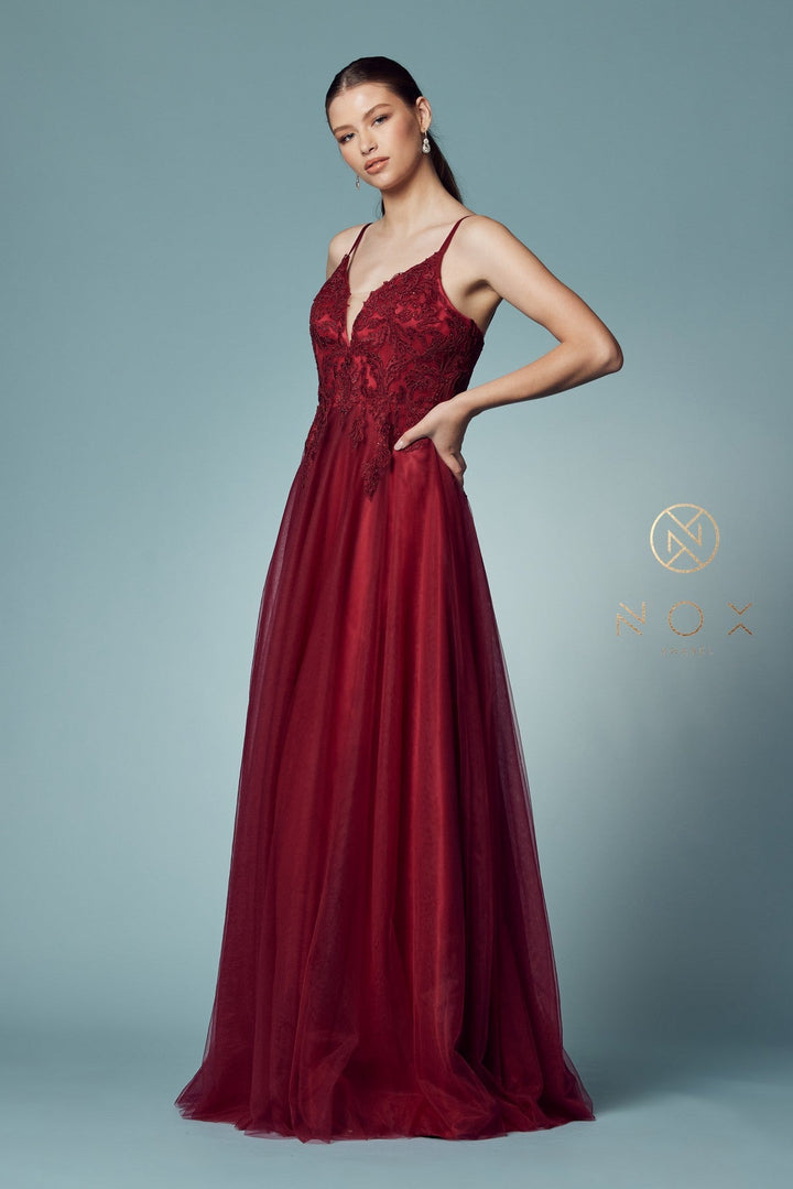 Long Tulle Embroidered Bodice Dress by Nox Anabel R357