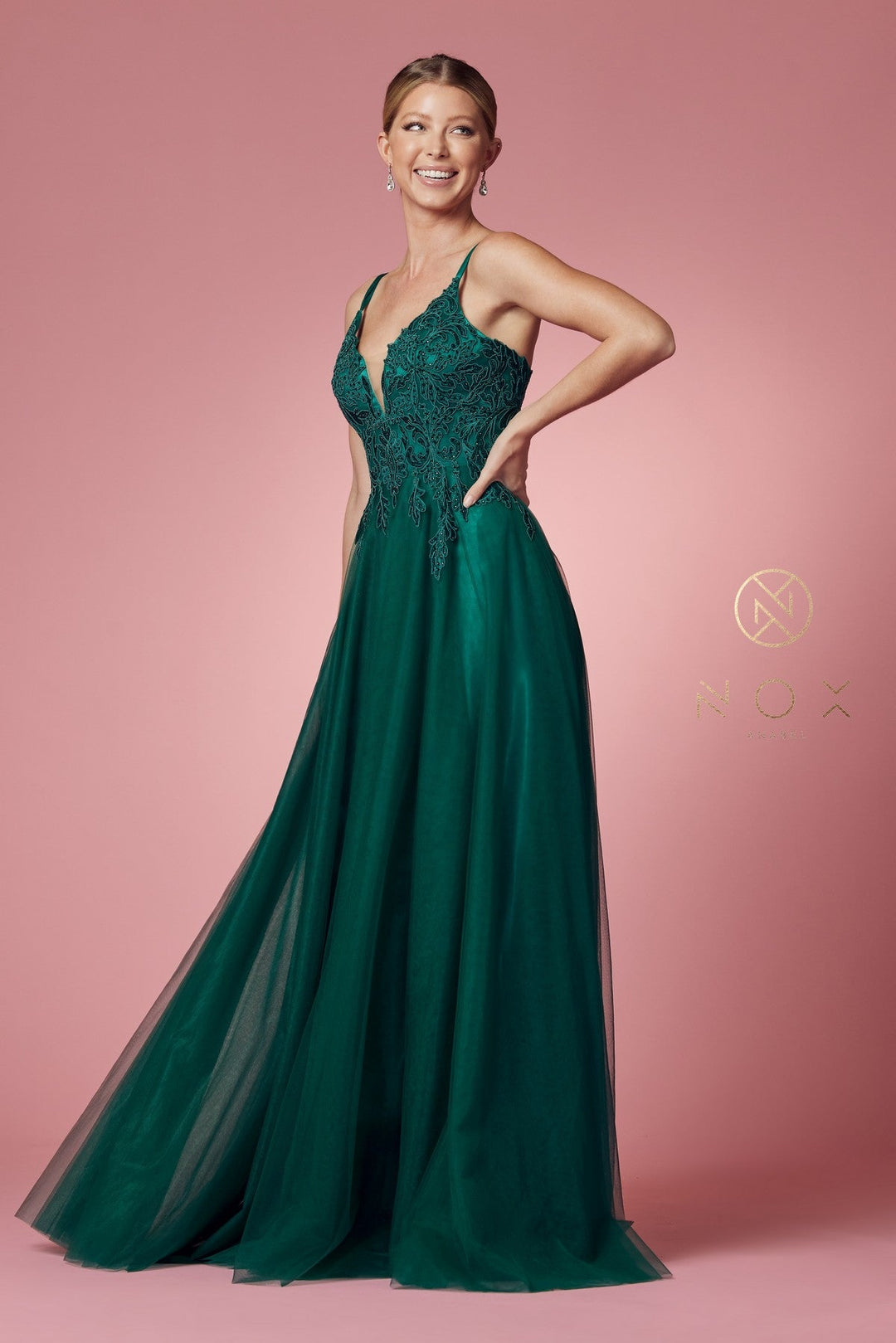 Long Tulle Embroidered Bodice Dress by Nox Anabel R357