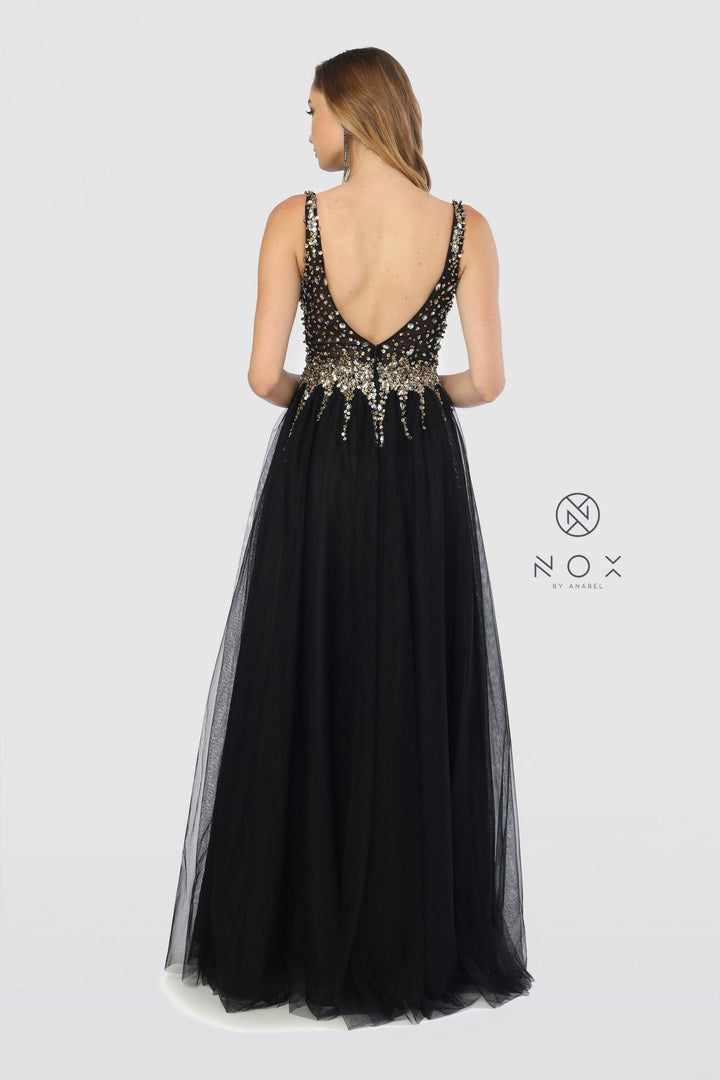 Long Tulle V-Neck Dress with Beaded Bodice by Nox Anabel G272-Long Formal Dresses-ABC Fashion