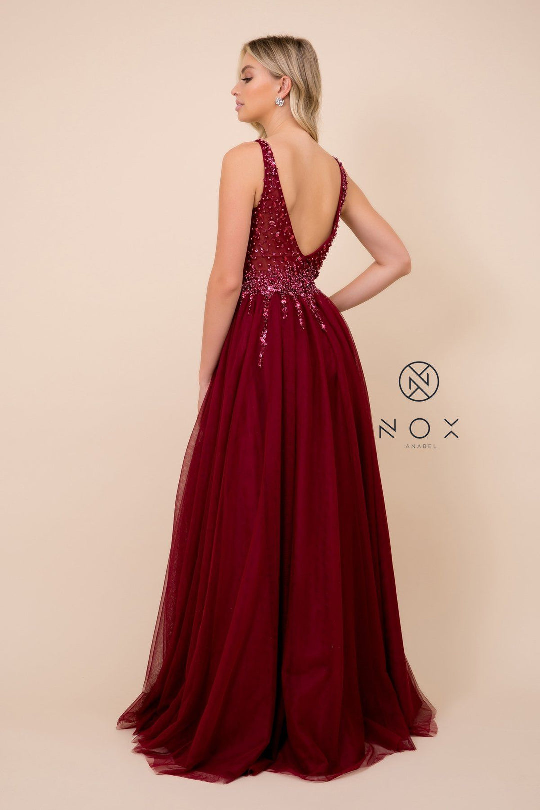 Long Tulle V-Neck Dress with Beaded Bodice by Nox Anabel G272