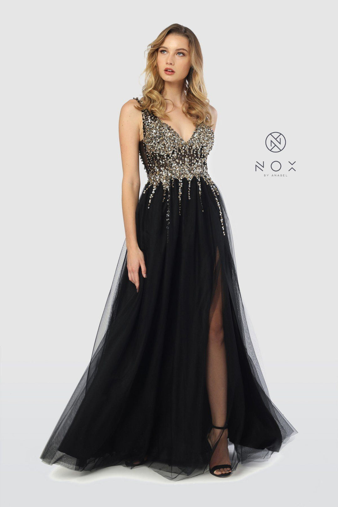 Long Tulle V-Neck Dress with Beaded Bodice by Nox Anabel G272-Long Formal Dresses-ABC Fashion